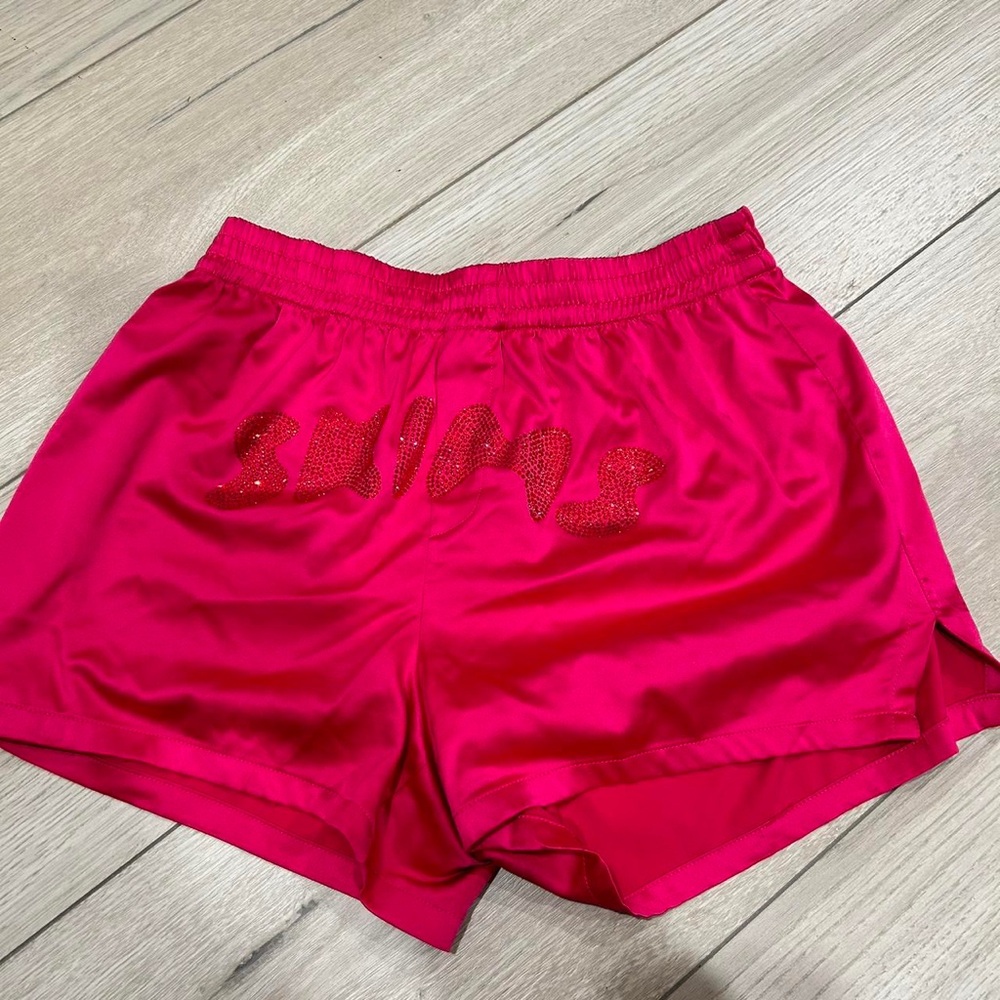 SKIMS Woven Shine Rhinestone Logo BOXERS & BRA in Raspberry - Picture 13 of 13